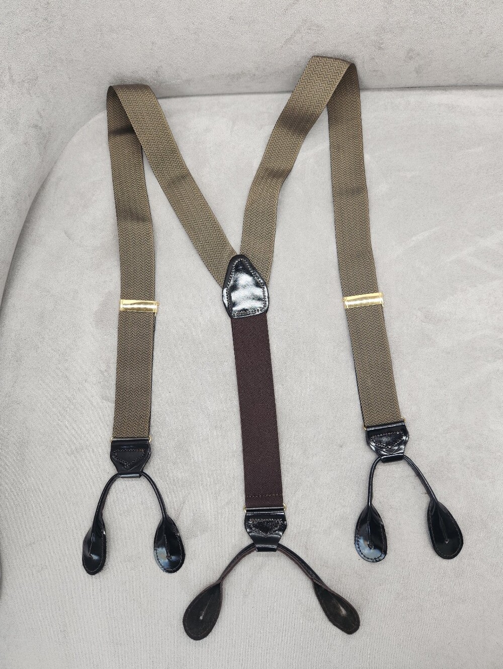 Classic Suspenders Khaki Green Black Leather ButtonOn Braces T-back Made England